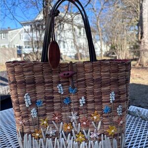 Vintage Woven Floral Straw Tote Bag by August